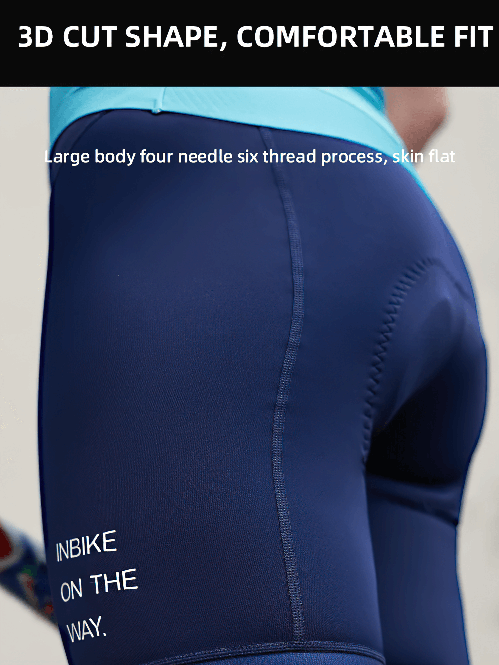 Close-up of Women's Cycling Bib Shorts with comfortable 3D cut, featuring four-needle stitching for a sleek, smooth fit.